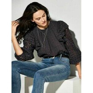 Happyxnature Kate Hudson Eyelet Embroidered Blouse Top Balloon Sleeve XS 230455